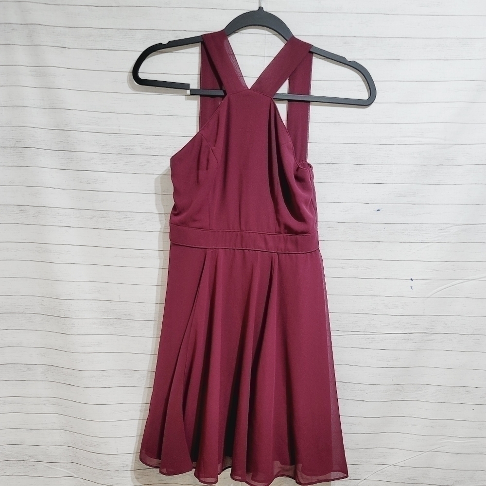 LULUS MAROON RACER BACK WIDE STRAP SKATER DRESS, W CHIFFON SKIRT OVERLAY, SZ XS